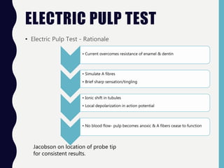 ELECTRIC PULP TEST
• Electric Pulp Test - Rationale
• Current overcomes resistance of enamel & dentin
• Simulate A fibres
• Brief sharp sensation/tingling
• Ionic shift in tubules
• Local depolarization in action potential
• No blood flow- pulp becomes anoxic & A fibers cease to function
Jacobson on location of probe tip
for consistent results.
 