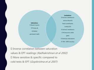 Inverse correlation between saturation
values & EPT readings (Radhakrishnan et al 2002)
More sensitive & specific compared to
cold tests & EPT (Gopikrishna et al 2007)
Indications:
Recent trauma
Primary &
immature
permanent teeth
Limitations:
Intrinsic interference:
venous blood &
tissue constituents,
acidity,CO2
Extrinsic interference
Hb bound to other
gases
Extensive restorations
70%- 100% accuracy
 