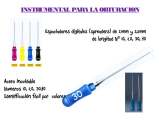 INSTRUMENTAL PARA LA OBTURACION


                     Espaciadores digitales (spreaders) de 21mm y 25mm
                                              de longitud Nº 10, 20, 30, 40




Acero inoxidable
Numeros 10, 20, 30,40
Identificación fácil por colores
 