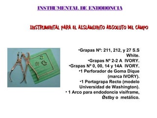 INSTRUMENTAL DE ENDODONCIA


INSTRUMENTAL PARA EL AISLAMIENTO ABSOLUTO DEL CAMPO


                      •Grapas Nº: 211, 212, y 27 S.S
                                              White.
                           •Grapas Nº 2-2 A IVORY.
                 •Grapas Nº 0, 00, 14 y 14A IVORY.
                      •1 Perforador de Goma Dique
                                    (marca IVORY).
                       •1 Portagrapa Recto (modelo
                       Universidad de Washington).
               • 1 Arco para endodoncia visiframe,
                                  Ǿstby o metálico.
 