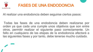 FASES DE UNA ENDODONCIA
Al realizar una endodoncia deben seguirse ciertos pasos:
Todas las fases de una endodoncia deben realizarse por
orden ya que cada una cumple unos objetivos que son entre
otros, permitir realizar el siguiente paso correctamente. Un
fallo en cualquiera de las etapas de la endodoncia afectará a
las siguientes fases y por tanto, debe tenerse mucho cuidado.
 