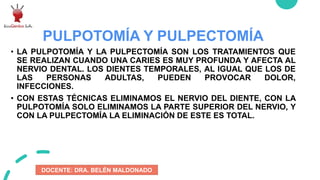 PULPOTOMÍA Y PULPECTOMÍA
• LA PULPOTOMÍA Y LA PULPECTOMÍA SON LOS TRATAMIENTOS QUE
SE REALIZAN CUANDO UNA CARIES ES MUY PROFUNDA Y AFECTA AL
NERVIO DENTAL. LOS DIENTES TEMPORALES, AL IGUAL QUE LOS DE
LAS PERSONAS ADULTAS, PUEDEN PROVOCAR DOLOR,
INFECCIONES.
• CON ESTAS TÉCNICAS ELIMINAMOS EL NERVIO DEL DIENTE, CON LA
PULPOTOMÍA SOLO ELIMINAMOS LA PARTE SUPERIOR DEL NERVIO, Y
CON LA PULPECTOMÍA LA ELIMINACIÓN DE ESTE ES TOTAL.
DOCENTE: DRA. BELÉN MALDONADO
 