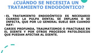 ¿CUÁNDO SE NECESITA UN
TRATAMIENTO ENDODÓNTICO?
• EL TRATAMIENTO ENDODÓNTICO ES NECESARIO
CUANDO LA PULPA DENTAL SE INFLAMA O SE
INFECTA, QUE POR LO GENERAL SUELE SER CUANDO
HAY:
CARIES PROFUNDA, TRAUMATISMOS O FRACTURAS EN
EL DIENTE Y POR OTROS PROCESOS PATOLÓGICOS
QUE PUEDAN AFECTAR AL DIENTE.
 