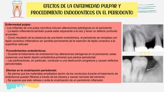 Enfermedad pulpar:
- Los irritantes de una pulpa necrótica inducen alteraciones patológicas en el periodonto.
- La lesión inflamatoria también puede estar adyacente a la raíz y tener un defecto profundo
al sondeo.
- Como resultado de la presencia de una lesión endodóntica, el periodonto se remplaza con
tejido conectivo inflamatorio sin perdida permanente de la inserción de tejido conectivo a la
superficie radicular
Procedimientos endodónticos:
- Durante el tratamiento de endodoncia hay alteraciones Iatrógenas en el periodonto; estas
ocasionan una lesión (lesión endodóntica primaria) que parece periodontal.
- Las perforaciones, en particular, conducen a una destrucción progresiva y causan defectos
periodontales.
Efectos en la cicatrización periodontal:
- Se piensa que los materiales empleados dentro de los conductos durante el tratamiento de
endodoncia pueden filtrarse a través de los túbulos y causar necrosis del cemento.
- Se supone que esto retrasa o evita la cicatrización de un periodonto inflamado.
EFECTOS DE LA ENFERMEDAD PULPAR Y
PROCEDIMIENTO ENDODONTICOS EN EL PERIODONTO
 