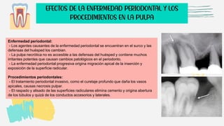 Enfermedad periodontal:
- Los agentes causantes de la enfermedad periodontal se encuentran en el surco y las
defensas del huésped los cambian.
- La pulpa necrótica no es accesible a las defensas del huésped y contiene muchos
irritantes potentes que causan cambios patológicos en el periodonto.
- La enfermedad periodontal progresiva origina migración apical de la inserción y
exposición de la superficie radicular.
Procedimientos periodontales:
- El tratamiento periodontal invasivo, como el curetaje profundo que daña los vasos
apicales, causas necrosis pulpar.
- El raspado y alisado de las superficies radiculares elimina cemento y origina abertura
de los túbulos y quizá de los conductos accesorios y laterales.
EFECTOS DE LA ENFERMEDAD PERIODONTAL Y LOS
PROCEDIMIENTOS EN LA PULPA
 
