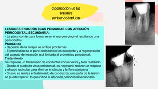 Clasificación de las
lesiones
perioendodonticas
LESIONES ENDODÓNTICAS PRIMARIAS CON AFECCIÓN
PERIODONTAL SECUNDARIA:
- La placa comienza a formarse en el margen gingival resultando una
periodontitis.
Pronóstico
- Depende de la terapia de ambos problemas.
- El pronóstico de la parte endodóntica es excelente y la regeneración
del aparato de inserción está limitada al pronóstico periodontal.
Tratamiento
Se requiere un tratamiento de conductos conservador y bien realizado.
- Desde el punto de vista periodontal, es necesario realizar un raspado
y alisado radicular para eliminar el cálculo y la flora patógena
- Si solo se realiza el tratamiento de conductos, una parte de la lesión
se puede reparar, lo que indica la afección periodontal secundaria.
 