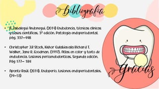 • B. Zabalegui Andonegui. (2014) Endodoncia, técnicas clínicas
y bases científicas. 3ª edición. Patología endoperiodontal.
pág. 337-448
• Christopher J.R Stock, Kishor Gulabiavala Richard T.
Walker, Jane R. Goodman. (1997). Atlas en color y texto de
endodoncia. Lesiones perioendodonticas. Segunda edición.
Pág 177- 184
• Aponte Raúl. (2014). Endoperio. Lesiones endoperiodontales.
(24-53)
 