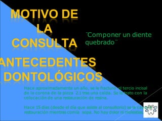MOTIVO DE
LA
CONSULTA
¨
Componer un diente
quebrado¨
ANTECEDENTES
DONTOLÓGICOS
Hace aproximadamente un año, se le fracturo el tercio incisal
de la corona de la pieza 2.1 tras una caída. Se le trato con la
colocación de una restauración de resina.
Hace 15 días (desde el día que asiste al consultorio) se le cayo la
restauración mientras comía sopa. No hay dolor ni molestias.
 