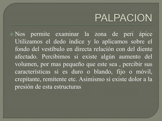  Nos permite examinar la zona de peri ápice
Utilizamos el dedo índice y lo aplicamos sobre el
fondo del vestíbulo en directa relación con del diente
afectado. Percibimos si existe algún aumento del
volumen, por mas pequeño que este sea , percibir sus
características si es duro o blando, fijo o móvil,
crepitante, remitente etc. Asimismo si existe dolor a la
presión de esta estructuras
 