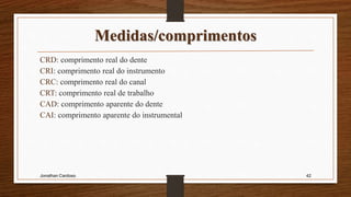 Medidas/comprimentos
CRD: comprimento real do dente
CRI: comprimento real do instrumento
CRC: comprimento real do canal
CRT: comprimento real de trabalho
CAD: comprimento aparente do dente
CAI: comprimento aparente do instrumental
Jonathan Cardoso 42
 