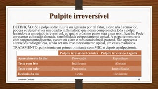Pulpite irreversível
DEFINIÇÃO: Se a polpa sofre injuria ou agressão por tal fator, e este não é removido,
poderá se desenvolver um quadro inflamatório que possa comprometer toda a polpa
levando-a a um estado irreversível, ao qual o próximo passo será a sua mortificação. Pode
apresentar coloração alterada, sensibilidade e espessamento apical. A polpa se mostraria
com sangramento discreto, escuro ou claro e com consistência pastosa. Não apresenta
alterações radiográficas, a não ser um leve espessamento apical, em casos evoluídos.
TRATAMENTO: pulpotomia em primeiro instante com MIC, e depois a pulpectomia.
Jonathan Cardoso 88
Pulpite irreversível crônica Pulpite irreversível aguda
Aparecimento da dor Provocado Espontâneo
Teste com frio Indiferente Aliviado
Teste com calor Provocada Intensificado
Declínio da dor Lento Inexistente
 