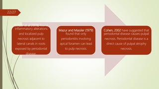 Seltzer et al (1978) found
inflammatory alterations
and localized pulp
necrosis adjacent to
lateral canals in roots
exposed by periodontal
disease.
Mazur and Massler (1979)
found that only
periodontitis involving
apical foramen can lead
to pulp necrosis.
Cohen, 2002 have suggested that
periodontal disease causes pulpal
necrosis. Periodontal disease is a
direct cause of pulpal atrophy
necrosis.
22/27
 