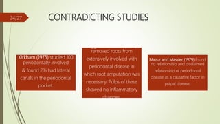 CONTRADICTING STUDIES
Kirkham (1975) studied 100
periodontally involved
& found 2% had lateral
canals in the periodontal
pocket.
Tagger & Smukler (1979)
removed roots from
extensively involved with
periodontal disease in
which root amputation was
necessary. Pulps of these
showed no inflammatory
changes.
Mazur and Massler (1979) found
no relationship and disclaimed
relationship of periodontal
disease as a causative factor in
pulpal disease.
24/27
 