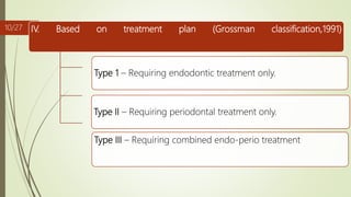 IV. Based on treatment plan (Grossman classification,1991)
Type 1 – Requiring endodontic treatment only.
Type II – Requiring periodontal treatment only.
Type III – Requiring combined endo-perio treatment
10/27
 
