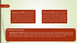 CONTRADICTING STUDY
 Sanders et al. (1983) reported that after the use of freeze dried bone allograft, 65% of the
teeth that did not have root canal treatment showed complete or greater than 50% bone-fill
periodontal osseous defects; while only 33% of the teeth which had root canal treatment
to the periodontal surgical procedure had complete or greater than 50% bone-fill.
19/27
Diem et al (2002) reported that all
tissues of the periodontium had a
potential for regeneration regardless
of the status of the pulp. With proper
endodontic treatment, periodontal
disease of pulpal origin should heal.
Jansson et al (1998) Potential effect
of tooth with a necrotic pulp has
been described as a risk factor in
the initiation and progression of
periodontal disease, and the
resolution of periodontal pockets.
 
