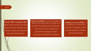 Moore 1987, Sundqvist 1994
Most of the species that have
been found in infected root
canals can also be present in
the periodontal pocket.
Rupf et al (2000) studied the profiles of
periodontal pathogens in pulpal and
periodontal diseases associated with
same tooth and concluded that
periodontal pathogens often
accompany endodontic infections
Didilescu AC et al (2012) - F.
nucleatum, P. micra and C.
sputigena may play a role in
the pathogenesis of endo-
periodontal lesions.
6/27
 