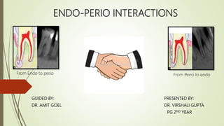 ENDO-PERIO INTERACTIONS
GUIDED BY: PRESENTED BY:
DR. AMIT GOEL DR. VIRSHALI GUPTA
PG 2ND YEAR
From Endo to perio From Perio to endo
 