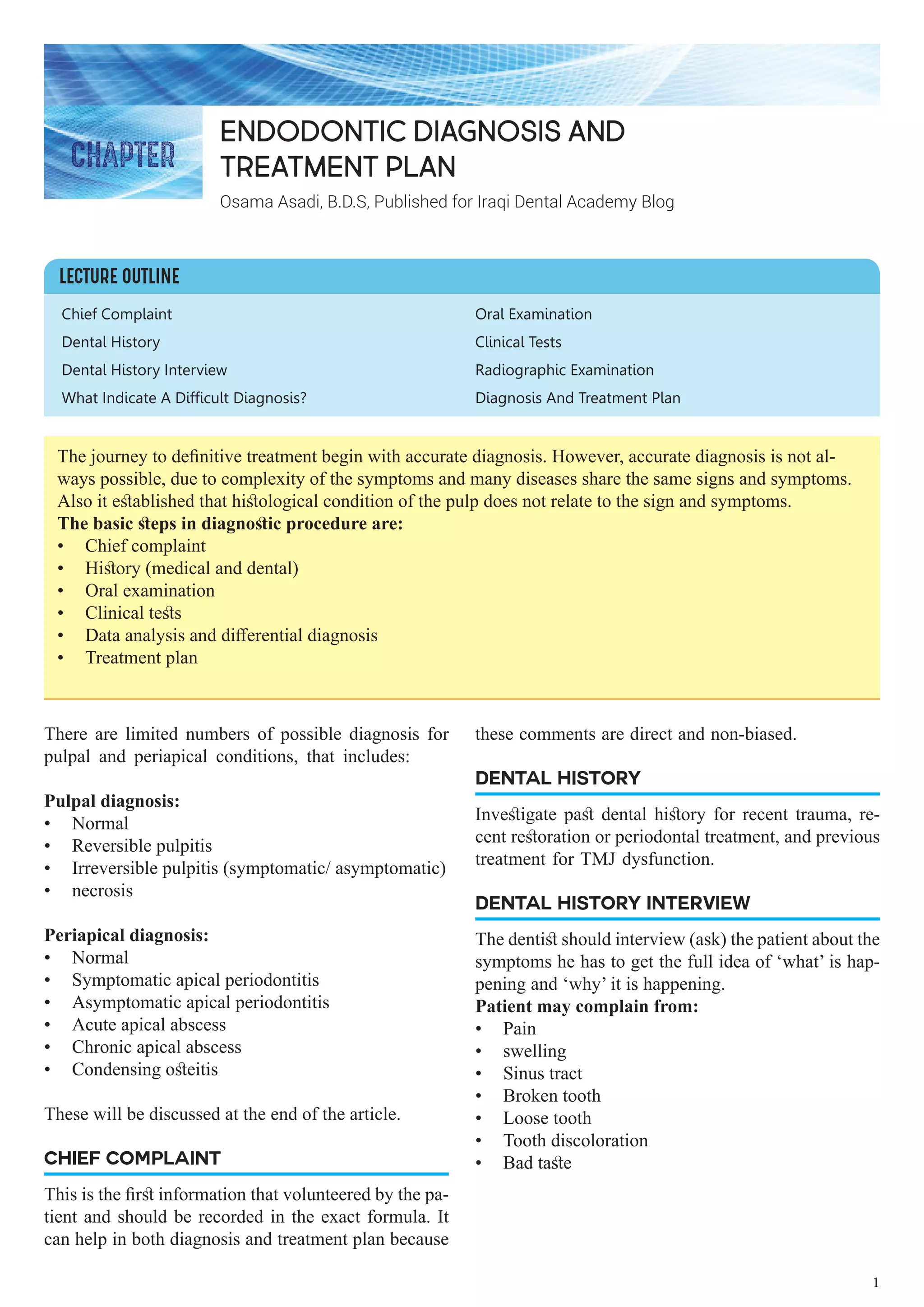 Endodontic diagnosis and treatment planning lecture PDF