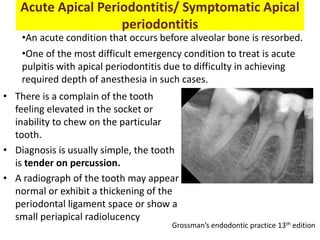 Acute Apical Periodontitis/ Symptomatic Apical
periodontitis
• There is a complain of the tooth
feeling elevated in the socket or
inability to chew on the particular
tooth.
• Diagnosis is usually simple, the tooth
is tender on percussion.
• A radiograph of the tooth may appear
normal or exhibit a thickening of the
periodontal ligament space or show a
small periapical radiolucency
•An acute condition that occurs before alveolar bone is resorbed.
•One of the most difficult emergency condition to treat is acute
pulpitis with apical periodontitis due to difficulty in achieving
required depth of anesthesia in such cases.
Grossman’s endodontic practice 13th edition
 