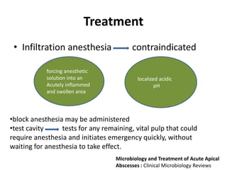 Treatment
• Infiltration anesthesia contraindicated
forcing anesthetic
solution into an
Acutely inflammed
and swollen area
localized acidic
pH
•block anesthesia may be administered
•test cavity tests for any remaining, vital pulp that could
require anesthesia and initiates emergency quickly, without
waiting for anesthesia to take effect.
Microbiology and Treatment of Acute Apical
Abscesses : Clinical Microbiology Reviews
 