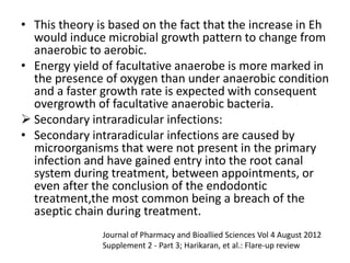 • This theory is based on the fact that the increase in Eh
would induce microbial growth pattern to change from
anaerobic to aerobic.
• Energy yield of facultative anaerobe is more marked in
the presence of oxygen than under anaerobic condition
and a faster growth rate is expected with consequent
overgrowth of facultative anaerobic bacteria.
 Secondary intraradicular infections:
• Secondary intraradicular infections are caused by
microorganisms that were not present in the primary
infection and have gained entry into the root canal
system during treatment, between appointments, or
even after the conclusion of the endodontic
treatment,the most common being a breach of the
aseptic chain during treatment.
Journal of Pharmacy and Bioallied Sciences Vol 4 August 2012
Supplement 2 - Part 3; Harikaran, et al.: Flare-up review
 