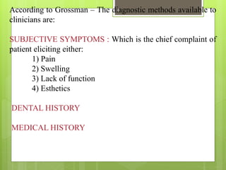 According to Grossman – The diagnostic methods available to
clinicians are:
SUBJECTIVE SYMPTOMS : Which is the chief compl...