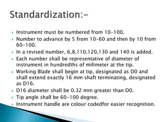  Instrument must be numbered from 10-100.
 Number to advance by 5 from 10-60 and then by 10 from
60-100.
 In a revised number, 6,8,110,120,130 and 140 is added.
 Each number shall be representative of diameter of
instrument in hundredths of milimeter at the tip.
 Working Blade shall begin at tip, designated as D0 and
shall extend exactly 16 mm shaft terminating, designated
as D16.
 D16 diameter shall be 0.32 mm greater than D0.
 Tip angle shall be 60-100 degree.
 Instrument handle are colour codedfor easier recognition.
 