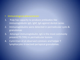 • Immunological phenomenon
1. Pulp has capacity to produce antibodies like
immunoglobulin IgG, IgM, IgA against dental caries
2. Immunoglobulins were detected in periradicular cysts &
granulomas
3. Amongst immunoglobulin, IgG is the most commonly
present(70-74%) in periradicular lesions
4. Cymrrman et al observed cytotoxic and helper T
lymphocytes in excised periapical granulomas.
 