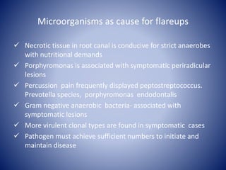 Microorganisms as cause for flareups
 Necrotic tissue in root canal is conducive for strict anaerobes
with nutritional demands
 Porphyromonas is associated with symptomatic periradicular
lesions
 Percussion pain frequently displayed peptostreptococcus.
Prevotella species, porphyromonas endodontalis
 Gram negative anaerobic bacteria- associated with
symptomatic lesions
 More virulent clonal types are found in symptomatic cases
 Pathogen must achieve sufficient numbers to initiate and
maintain disease
 