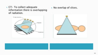  CT- To collect adequate
information there is overlapping
of radiation.
 No overlap of slices.
101
 