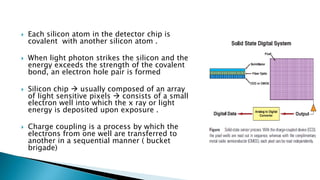  Each silicon atom in the detector chip is
covalent with another silicon atom .
 When light photon strikes the silicon and the
energy exceeds the strength of the covalent
bond, an electron hole pair is formed
 Silicon chip  usually composed of an array
of light sensitive pixels  consists of a small
electron well into which the x ray or light
energy is deposited upon exposure .
 Charge coupling is a process by which the
electrons from one well are transferred to
another in a sequential manner ( bucket
brigade)
 
