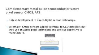 Latest development in direct digital sensor technology.
 Externally, CMOS sensors appear identical to CCD detectors but
they use an active pixel technology and are less expensive to
manufacture.
 