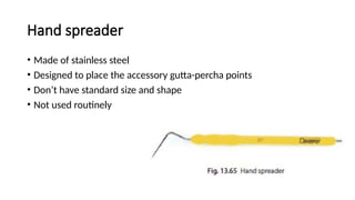 Hand spreader
• Made of stainless steel
• Designed to place the accessory gutta-percha points
• Don’t have standard size and shape
• Not used routinely
 