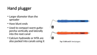 Hand plugger
• Larger diameter than the
spreader
• Have blunt ends
• Used to compact warm gutta-
percha vertically and laterally
into the root canal
• Calcium hydroxide or MTA are
also packed into canals using it
 