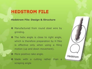 Hedstrom File: Design & Structure
 Manufactured from round steel wire by
grinding.
 The helix angle is close to right angle,
which is therefore preparation by H files
is effective only when using a filing
motion (up and down movement).
 More positive rake angle.
 blade with a cutting rather than a
scraping angle
 