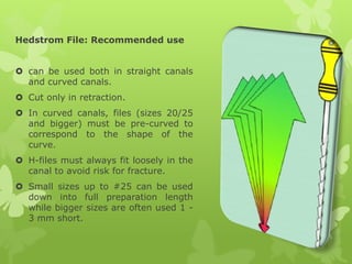 Hedstrom File: Recommended use
 can be used both in straight canals
and curved canals.
 Cut only in retraction.
 In curved canals, files (sizes 20/25
and bigger) must be pre-curved to
correspond to the shape of the
curve.
 H-files must always fit loosely in the
canal to avoid risk for fracture.
 Small sizes up to #25 can be used
down into full preparation length
while bigger sizes are often used 1 -
3 mm short.
 
