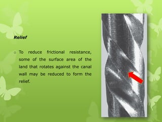 Relief
o To reduce frictional resistance,
some of the surface area of the
land that rotates against the canal
wall may be reduced to form the
relief.
 