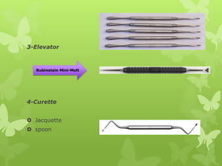 3-Elevator
4-Curette
 Jacquette
 spoon
Rubinstein Mini-Molt
 