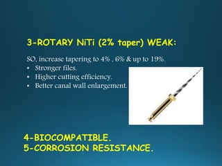 3-ROTARY NiTi (2% taper) WEAK:
SO, increase tapering to 4% , 6% & up to 19%.
• Stronger files.
• Higher cutting efficiency.
• Better canal wall enlargement.
4-BIOCOMPATIBLE.
5-CORROSION RESISTANCE.
 