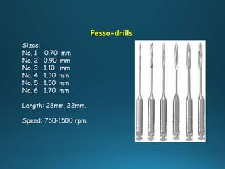 Pesso-drills
Sizes:
No. 1 0.70 mm
No. 2 0.90 mm
No. 3 1.10 mm
No. 4 1.30 mm
No. 5 1.50 mm
No. 6 1.70 mm
Length: 28mm, 32mm.
Speed: 750-1500 rpm.
 