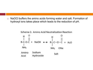  NaOCl buffers the amino acids forming water and salt. Formation of
hydroxyl ions takes place which leads to the reduction of pH.
 