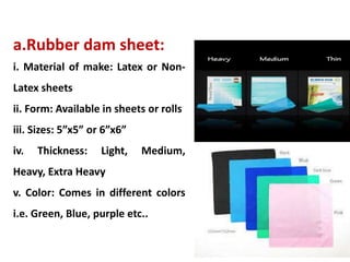 a.Rubber dam sheet:
i. Material of make: Latex or Non-
Latex sheets
ii. Form: Available in sheets or rolls
iii. Sizes: 5”x5” or 6”x6”
iv. Thickness: Light, Medium,
Heavy, Extra Heavy
v. Color: Comes in different colors
i.e. Green, Blue, purple etc..
 