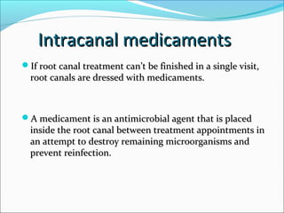Intracanal medicaments
Intracanal medicaments
If root canal treatment can’t be finished in a single visit,
If root canal treatment can’t be finished in a single visit,
root canals are dressed with medicaments.
root canals are dressed with medicaments.
A medicament is an antimicrobial agent that is placed
A medicament is an antimicrobial agent that is placed
inside the root canal between treatment appointments in
inside the root canal between treatment appointments in
an attempt to destroy remaining microorganisms and
an attempt to destroy remaining microorganisms and
prevent reinfection.
prevent reinfection.
 
