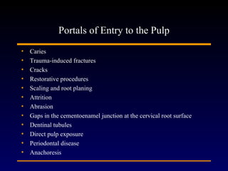 Portals of Entry to the Pulp
•   Caries
•   Trauma-induced fractures
•   Cracks
•   Restorative procedures
•   Scaling and root planing
•   Attrition
•   Abrasion
•   Gaps in the cementoenamel junction at the cervical root surface
•   Dentinal tubules
•   Direct pulp exposure
•   Periodontal disease
•   Anachoresis
 