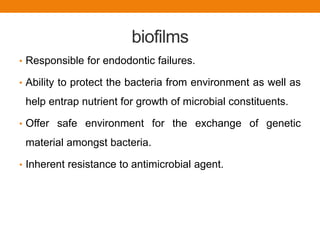 biofilms
• Responsible for endodontic failures.
• Ability to protect the bacteria from environment as well as
help entrap nutrient for growth of microbial constituents.
• Offer safe environment for the exchange of genetic
material amongst bacteria.
• Inherent resistance to antimicrobial agent.
 