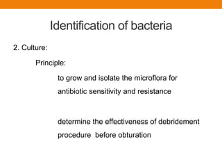 Identification of bacteria
2. Culture:
Principle:
to grow and isolate the microflora for
antibiotic sensitivity and resistance
determine the effectiveness of debridement
procedure before obturation
 