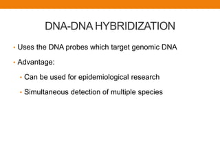DNA-DNA HYBRIDIZATION
• Uses the DNA probes which target genomic DNA
• Advantage:
• Can be used for epidemiological research
• Simultaneous detection of multiple species
 