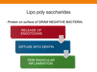 Lipo poly saccharides
• Protein on surface of GRAM NEGATIVE BACTERIA.
RELEASE OF
ENDOTOXINS
DIFFUSE INTO DENTIN
PERI RADICULAR
INFLAMMATION.
 