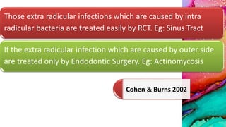Those extra radicular infections which are caused by intra
radicular bacteria are treated easily by RCT. Eg: Sinus Tract
If the extra radicular infection which are caused by outer side
are treated only by Endodontic Surgery. Eg: Actinomycosis
Cohen & Burns 2002
 