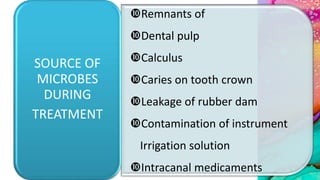 Remnants of
Dental pulp
Calculus
Caries on tooth crown
Leakage of rubber dam
Contamination of instrument
Irrigation solution
Intracanal medicaments
SOURCE OF
MICROBES
DURING
TREATMENT
 